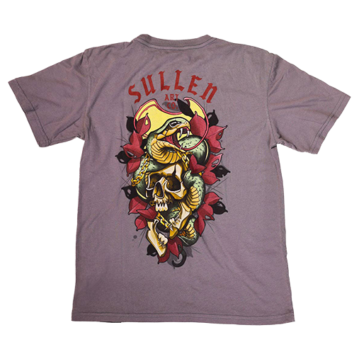 A kid's gray t-shirt with a graphic design of a snake wrapped around a skull, accompanied by the brand name 'Sullen'.