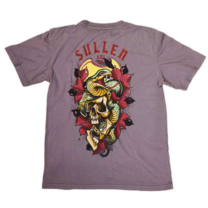 A kid's gray t-shirt with a graphic design of a snake wrapped around a skull, accompanied by the brand name 'Sullen'.