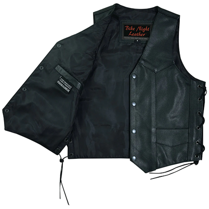 Black leather vest with visible branding