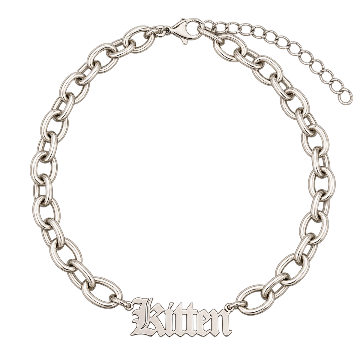 A silver-toned chain bracelet with a central script nameplate reading 'Kitten' and an extender chain with clasp