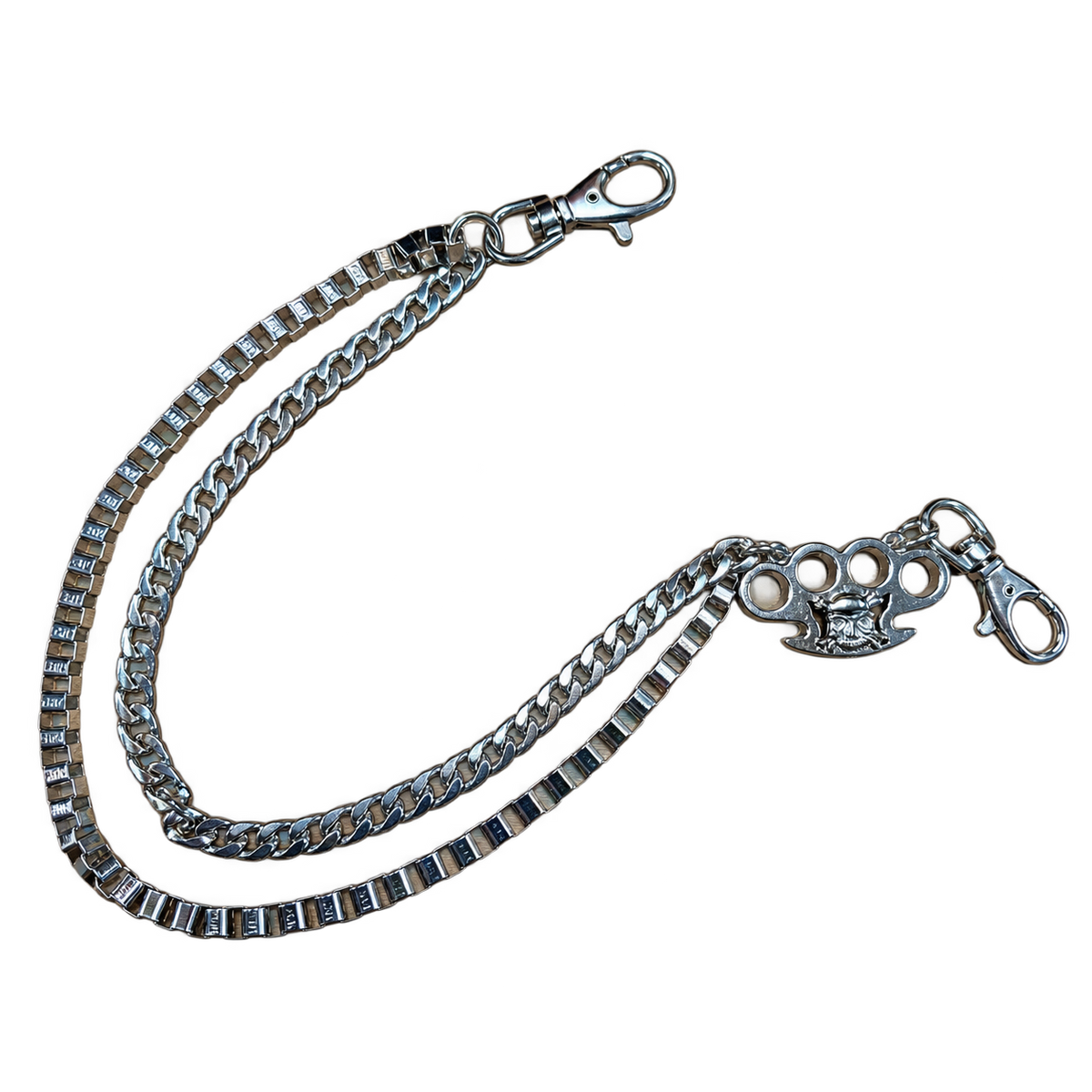 A silver-toned metal wallet chain accessory with a curb-style link chain, lobster clasp, and a decorative skull charm