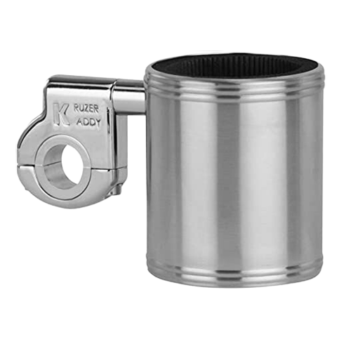 A satin finish clamp mount drink holder for motorcycles, with an adjustable mounting stud and two insulated liners.
