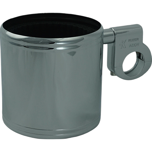 A chrome-plated drink holder with a mounting bracket, designed to attach to a motorcycle handlebar.