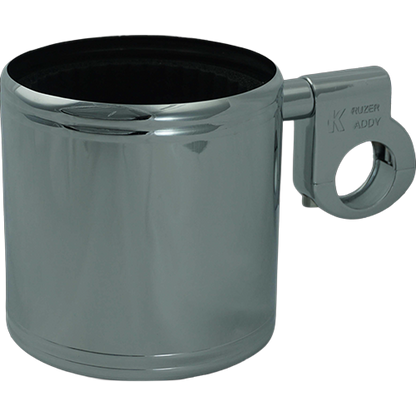A chrome-plated drink holder with a mounting bracket, designed to attach to a motorcycle handlebar.