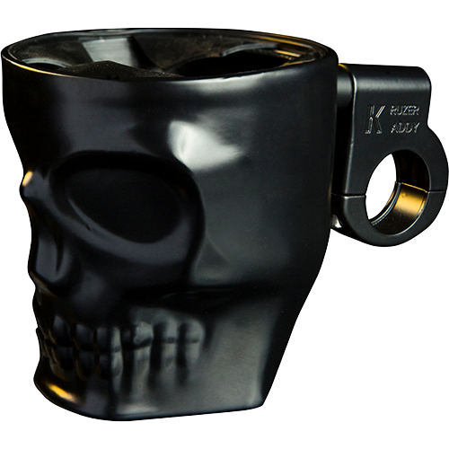 Black motorcycle cup holder with skull design and insulated liners