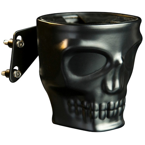 A black metal drink holder with a skull design, intended to attach to a motorcycle's perch mount.