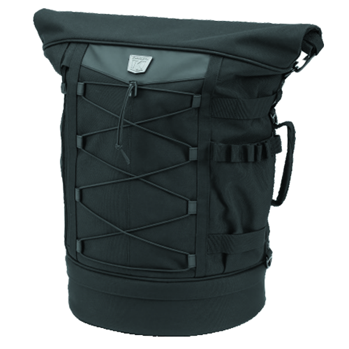 A black Kuryakyn Momentum Freeloader Duffel bag designed for motorcyclists, featuring a roll-top closure and external bungee storage system.