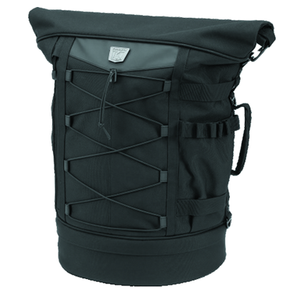 A black Kuryakyn Momentum Freeloader Duffel bag designed for motorcyclists, featuring a roll-top closure and external bungee storage system.