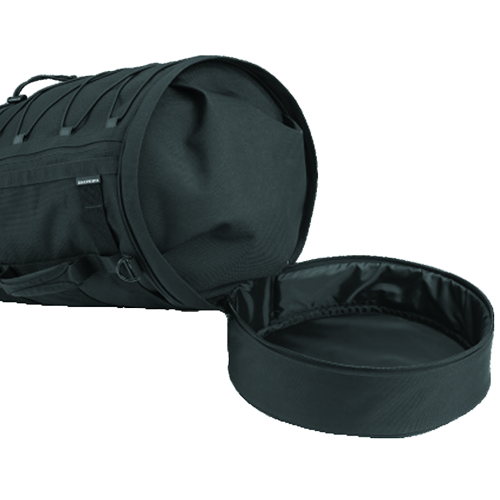 Black expandable motorcycle duffel with bungee and D-ring mounts