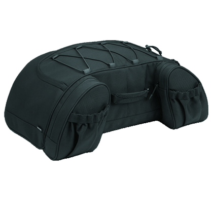 A black Kuryakyn Momentum Hitchhiker Trunk Rack Bag designed for mounting to a motorcycle rack.