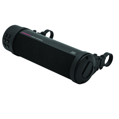 A satin black Kuryakyn Road Thunder Plus Sound Bar designed for motorcycles, showing the speaker system from a side angle.