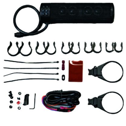 Black motorcycle sound bar with four tweeters and dual full-range speakers