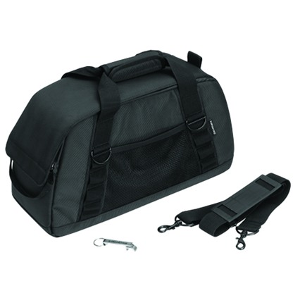 A black Kuryakyn saddlebag cooler with side-mounted carry handles and a bonus bottle opener.