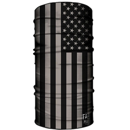A neck gaiter with a blacked-out American flag design