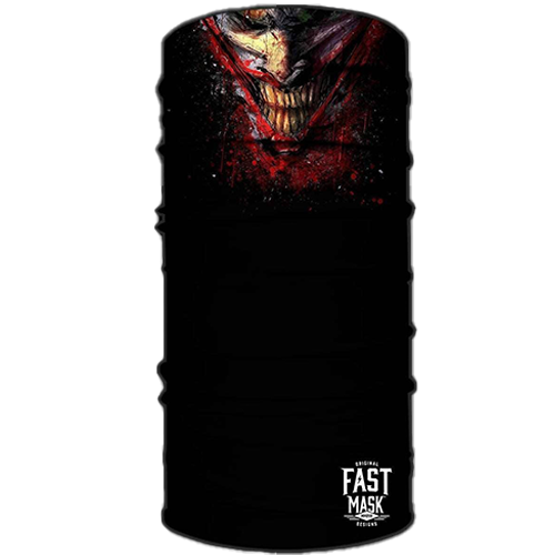 A neck gaiter featuring a bold, bloody joker smile design with red and black colors.