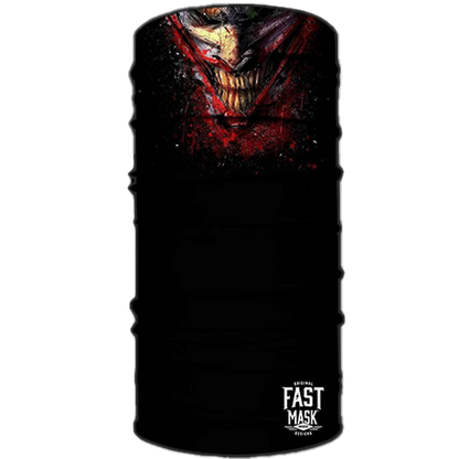 A neck gaiter featuring a bold, bloody joker smile design with red and black colors.