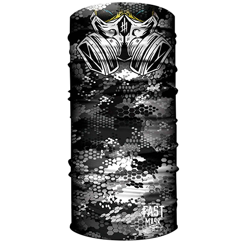 A neck gaiter featuring a gas mask design with a black and white camouflage pattern.