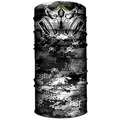 A neck gaiter featuring a gas mask design with a black and white camouflage pattern.