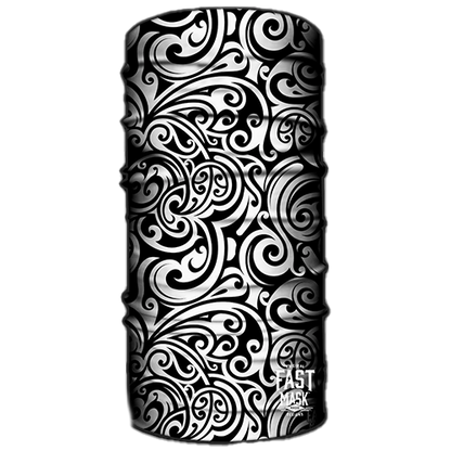 A white neck gaiter with a paisley pattern design.