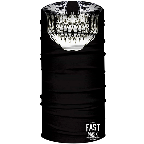 A black neck gaiter with a bold white skull design, branded with 'FAST MASK' on the lower part.