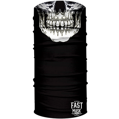 A black neck gaiter with a bold white skull design, branded with 'FAST MASK' on the lower part.