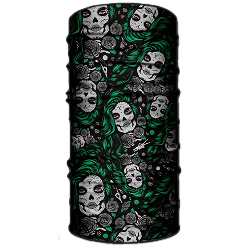 A neck gaiter featuring a bold, intricate design with multiple skulls in green, black, and white colors, resembling the Mexican folk saint Santa Muerte.