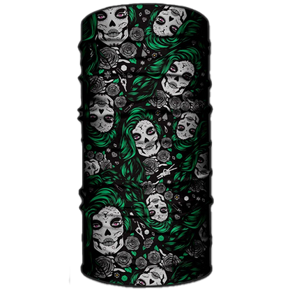 A neck gaiter featuring a bold, intricate design with multiple skulls in green, black, and white colors, resembling the Mexican folk saint Santa Muerte.