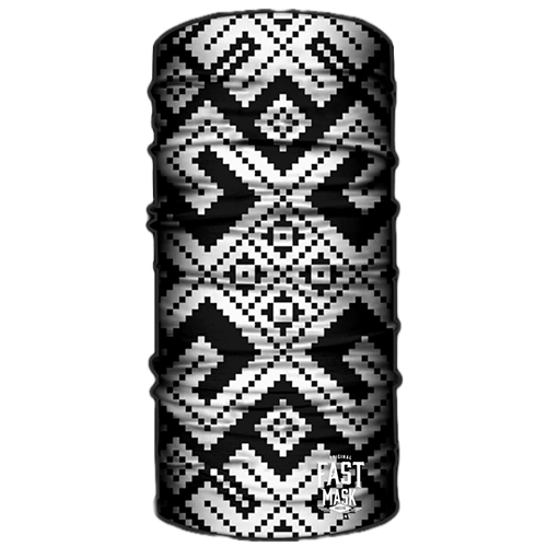 A neck gaiter with a black and white geometric maze-like pattern.