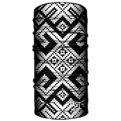 A neck gaiter with a black and white geometric maze-like pattern.