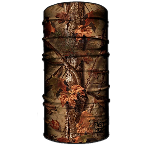 A camouflaged neck gaiter featuring a tree pattern, predominantly in shades of brown and green.