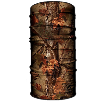 A camouflaged neck gaiter featuring a tree pattern, predominantly in shades of brown and green.