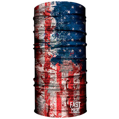 A neck gaiter with a hand-painted style design resembling the American flag with red and blue strokes and stars.