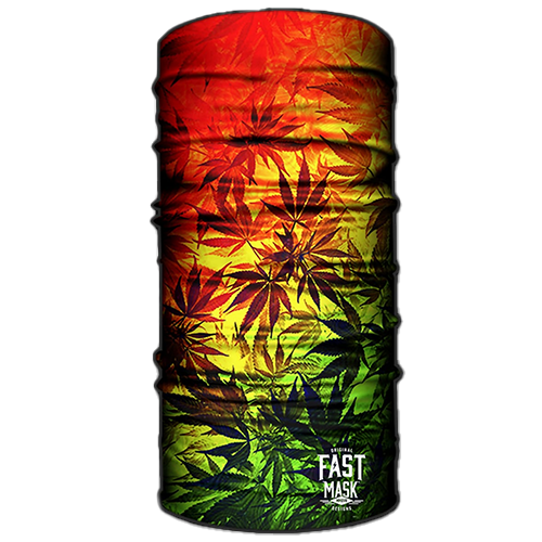 A neck gaiter with a colorful geometric pattern predominantly in red, yellow, and green, featuring leaf-like shapes.