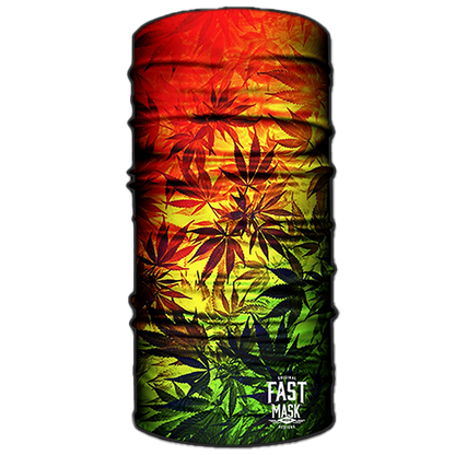 A neck gaiter with a colorful geometric pattern predominantly in red, yellow, and green, featuring leaf-like shapes.