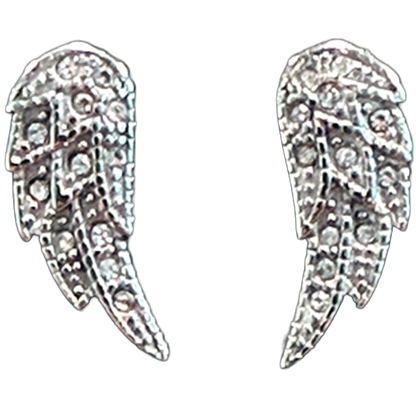Silver angel wing earrings with clear gemstones