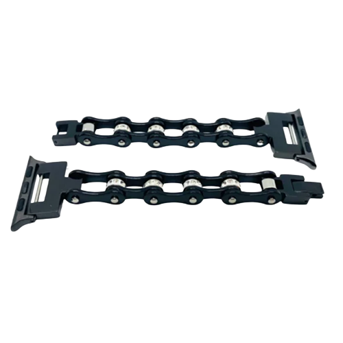 A black motorcycle-inspired chain link bracelet watch band with clear crystals set in high-polished glossy black stainless steel.