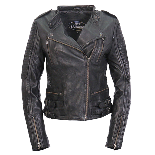 Ladies lightweight black leather motorcycle jacket front view collar down