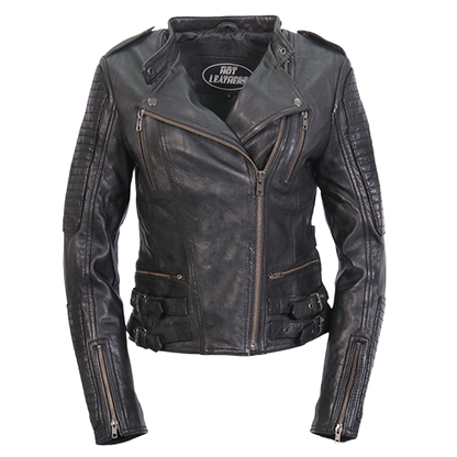 Ladies lightweight black leather motorcycle jacket front view collar down