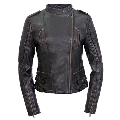 Ladies lightweight black leather motorcycle jacket front view zipped all the way up