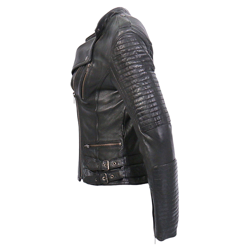 Ladies lightweight black leather motorcycle jacket side view