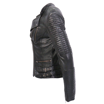 Ladies lightweight black leather motorcycle jacket side view