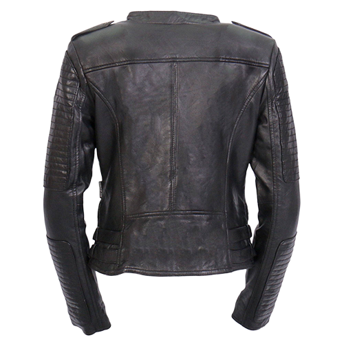 Ladies lightweight black leather motorcycle jacket back view