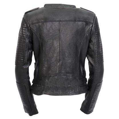 Ladies lightweight black leather motorcycle jacket back view