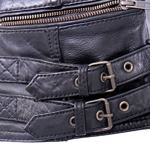 Black lambskin biker jacket with adjustable side buckles