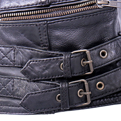 Black lambskin biker jacket with adjustable side buckles