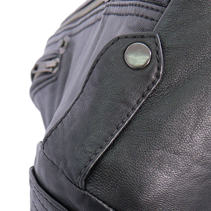 Women’s black leather motorcycle jacket with quilted shoulders and stand-up collar