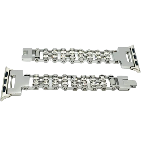 A silver-tone motorcycle chain tennis bracelet watch band with sparkling stones.
