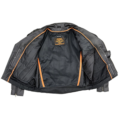 Classic black leather riding jacket with zip-out liner and patch access