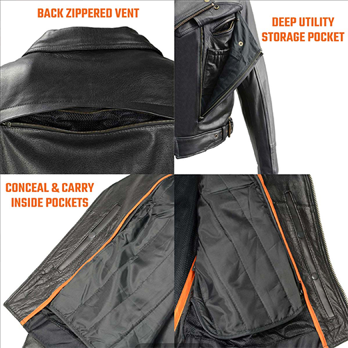 Classic black leather riding jacket with zip-out liner and patch access