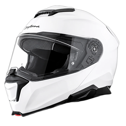 Front left view of the Daytona Legacy modular motorcycle helmet in hi-gloss white with clear anti-fog face shield.